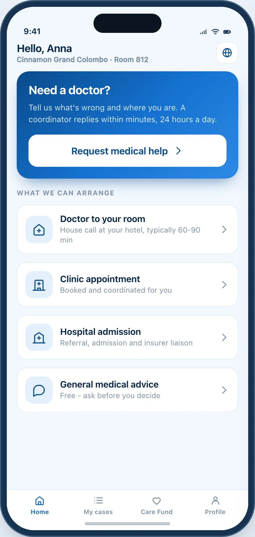 The MedAssist app home screen, offering a doctor to your room, a clinic appointment, hospital admission or general advice