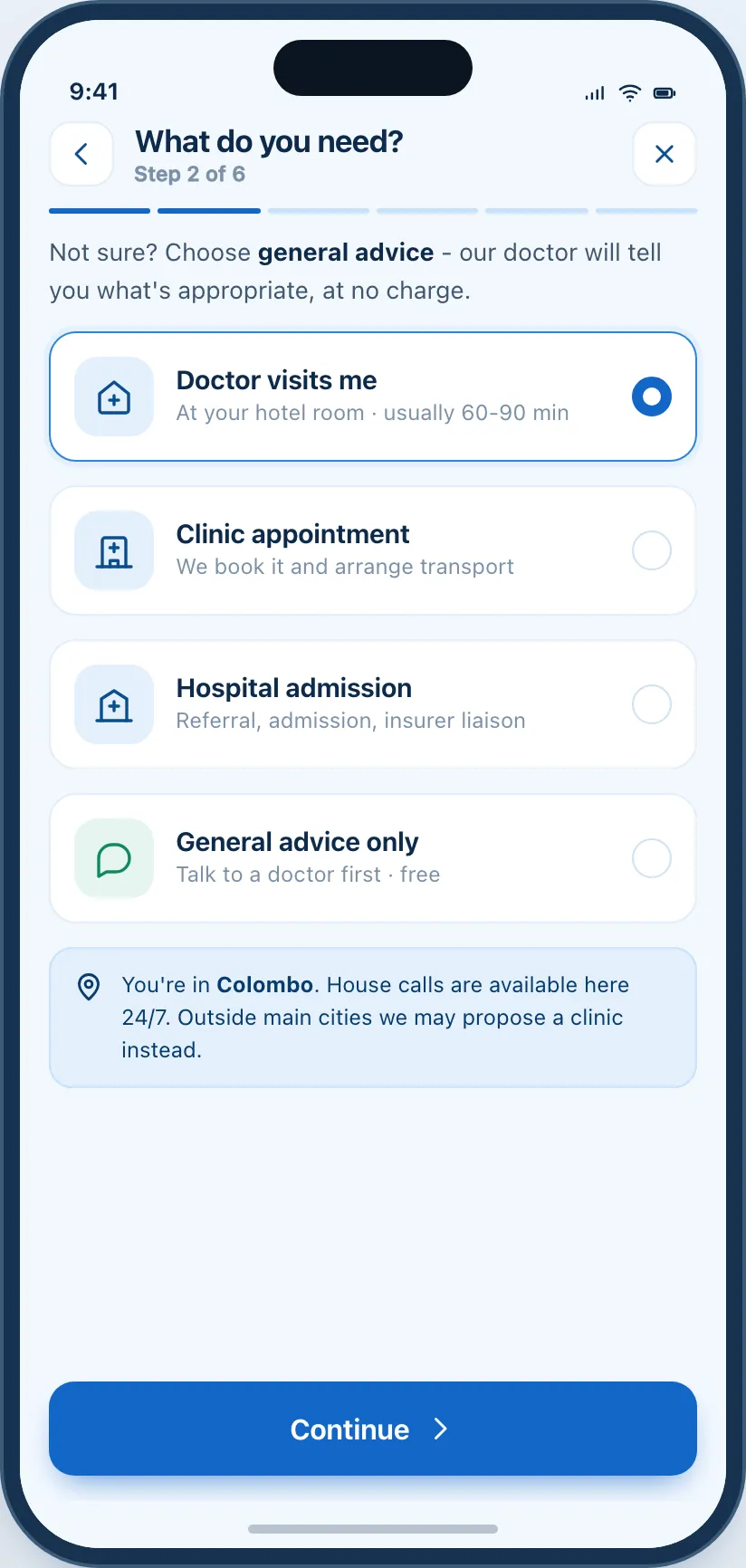 Choosing the type of help needed in the MedAssist app