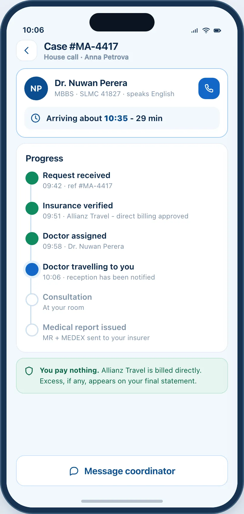 A live case in the MedAssist app showing the assigned doctor, their arrival time and the progress of the visit